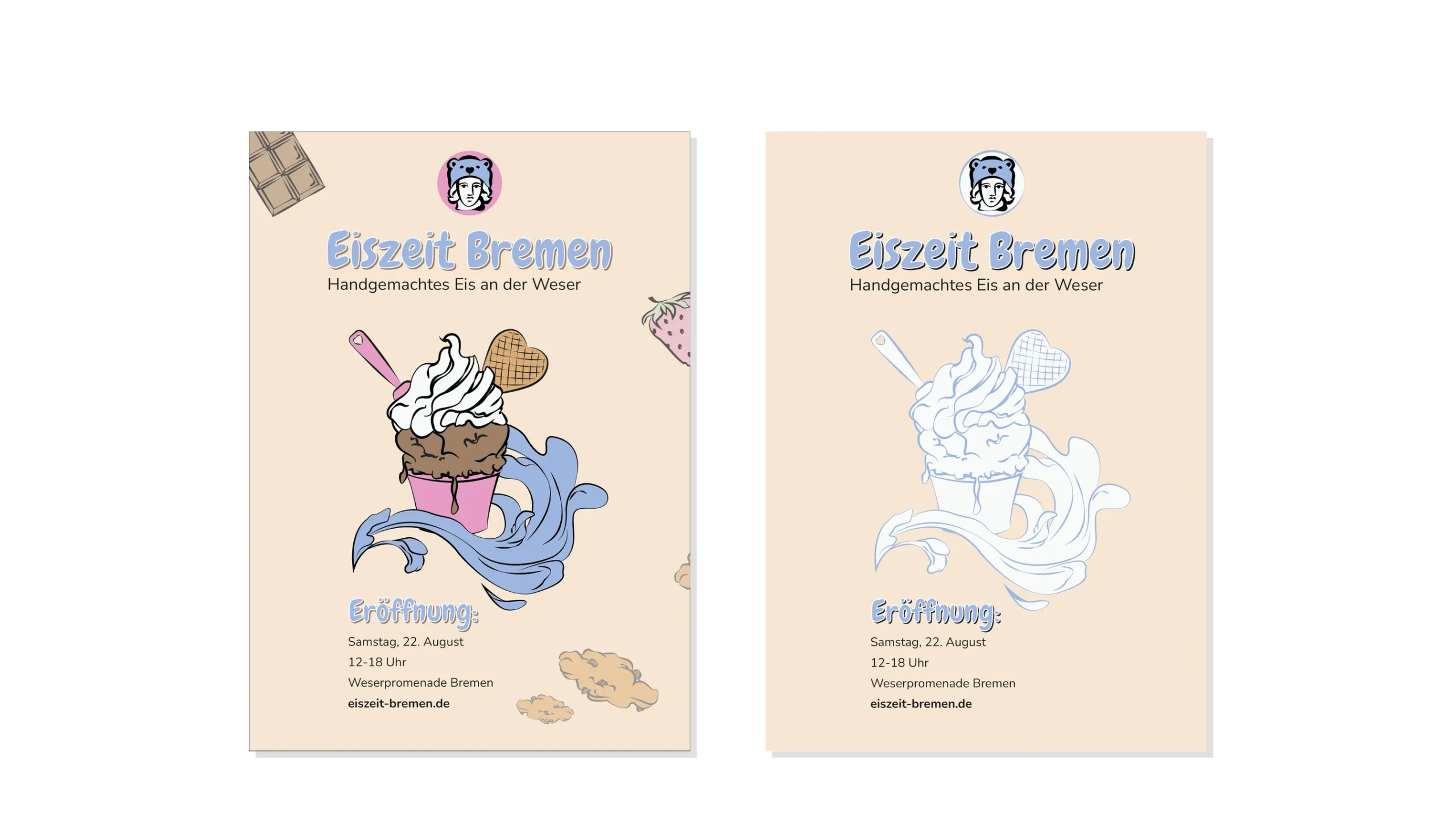 Das Eiszeit-Plakat zweimal nebeneinander auf weißem Grund, links bunt, rechts in Hellblau und Weiß.